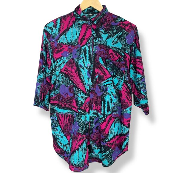 Vintage 1980s Blouse Bold Graphic Floral Abstract Plus Size Collared Button-Up - Picture 1 of 14